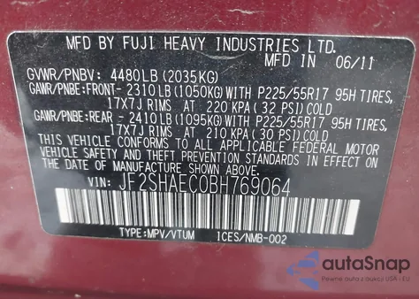 2011 Subaru Forester 2.5X Limited from USA, damaged, VIN JF2SHAEC0BH769064